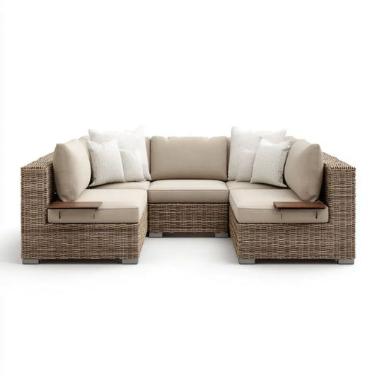 3-częściowa ogrodowa sofa narożna modułowa w kształcie U z plecionki PE, beżowo-brązowa, 270 x 90 x 82 cm
