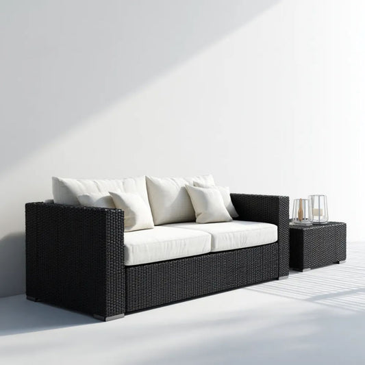 Ogrodowy zestaw mebli z technorattanu – sofa 2-osobowa 160 × 75 × 70 cm i stolik 45 × 45 × 45 cm, czarno-biały