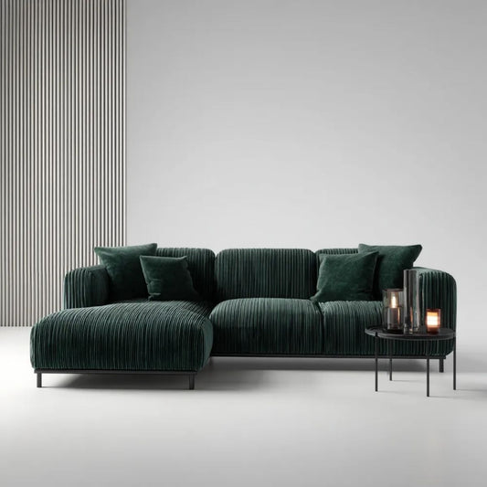 Ciemnozielona sofa narożna z lewym szezlongiem ze sztruksu poliestrowego 280 x 160 x 75 cm, kształt L