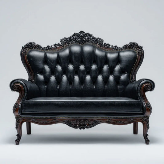 Sofa dwuosobowa ze skóry syntetycznej PVC i litego drewna, czarno-ciemnobrązowa, 170 x 75 x 120 cm