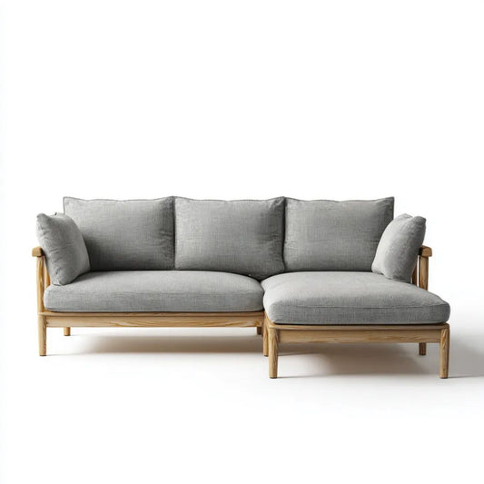 Prawostronna sofa narożna szara z litego drewna i tapicerką poliestrową, 250 x 160 x 82 cm