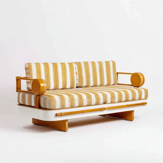 Sofa dwuosobowa biało-musztardowa z bambusa i poliestru 200 × 85 × 78 cm