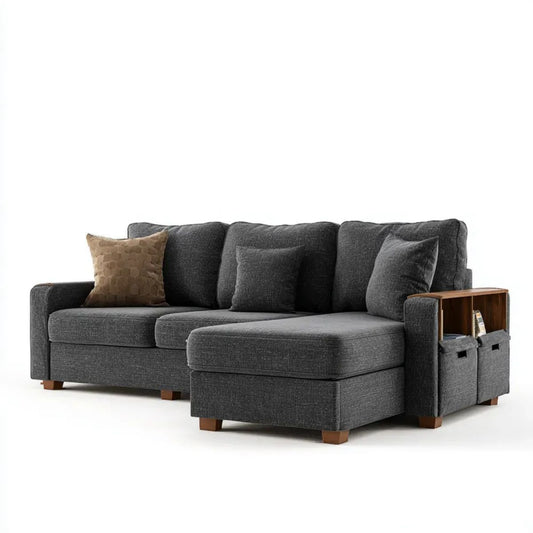 Prawostronna sofa narożna z szezlongiem, tapicerka poliestrowa, ciemnoszara, 250 x 160 x 85 cm