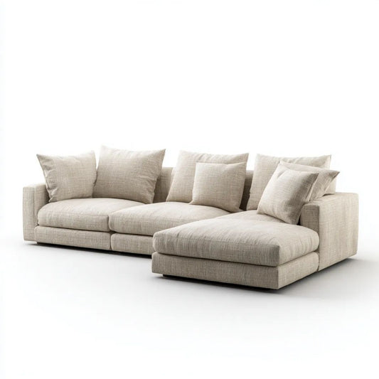 Prawostronna sofa narożna z szezlongiem, beżowa, tapicerka poliestrowa, 280 × 165 × 85 cm