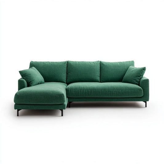 Zielona 3-osobowa sofa narożna w kształcie L z lewostronnym szezlongiem, tkanina poliestrowa, 250 x 160 x 85 cm