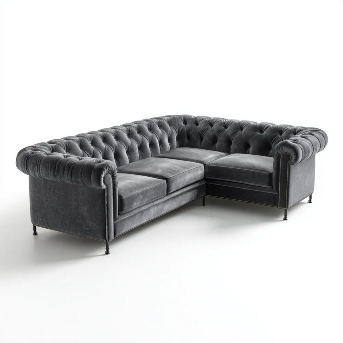 Grafitowa sofa narożna Chesterfield z aksamitu w kształcie L, 280 x 200 x 78 cm