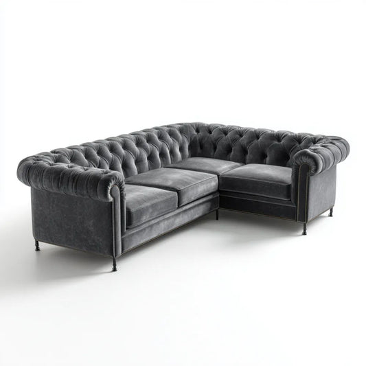 Grafitowa sofa narożna Chesterfield z aksamitu w kształcie L, 280 x 200 x 78 cm