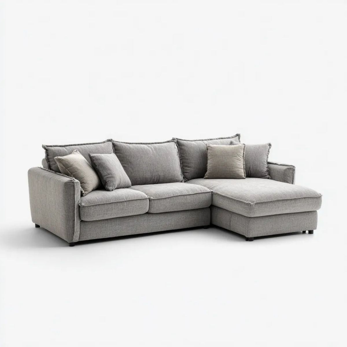 Szara sofa narożna z szezlongiem, tapicerka poliestrowa, 280 × 165 × 88 cm, prawostronna