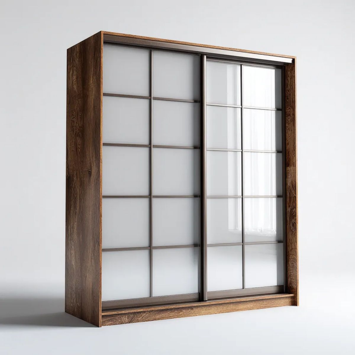 Dwudrzwiowa szafa przesuwna drewniana ze szkłem matowym i aluminium, ciemny orzech, 200 × 60 × 220 cm