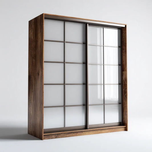 Dwudrzwiowa szafa przesuwna drewniana ze szkłem matowym i aluminium, ciemny orzech, 200 × 60 × 220 cm