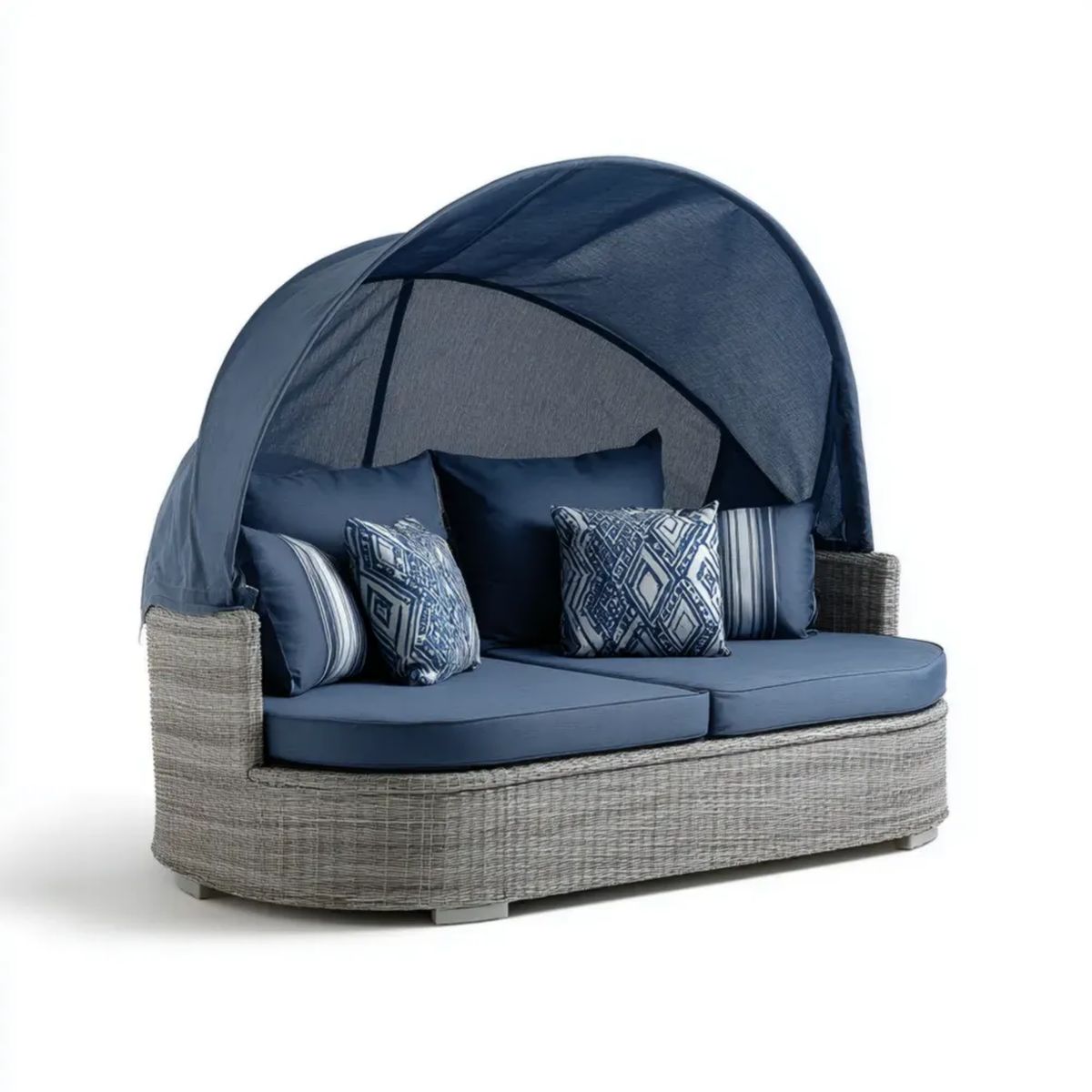 Dwuosobowa sofa ogrodowa z daszkiem z technorattanu PE, szaro-granatowa, 170 x 100 x 160 cm