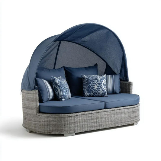 Dwuosobowa sofa ogrodowa z daszkiem z technorattanu PE, szaro-granatowa, 170 x 100 x 160 cm