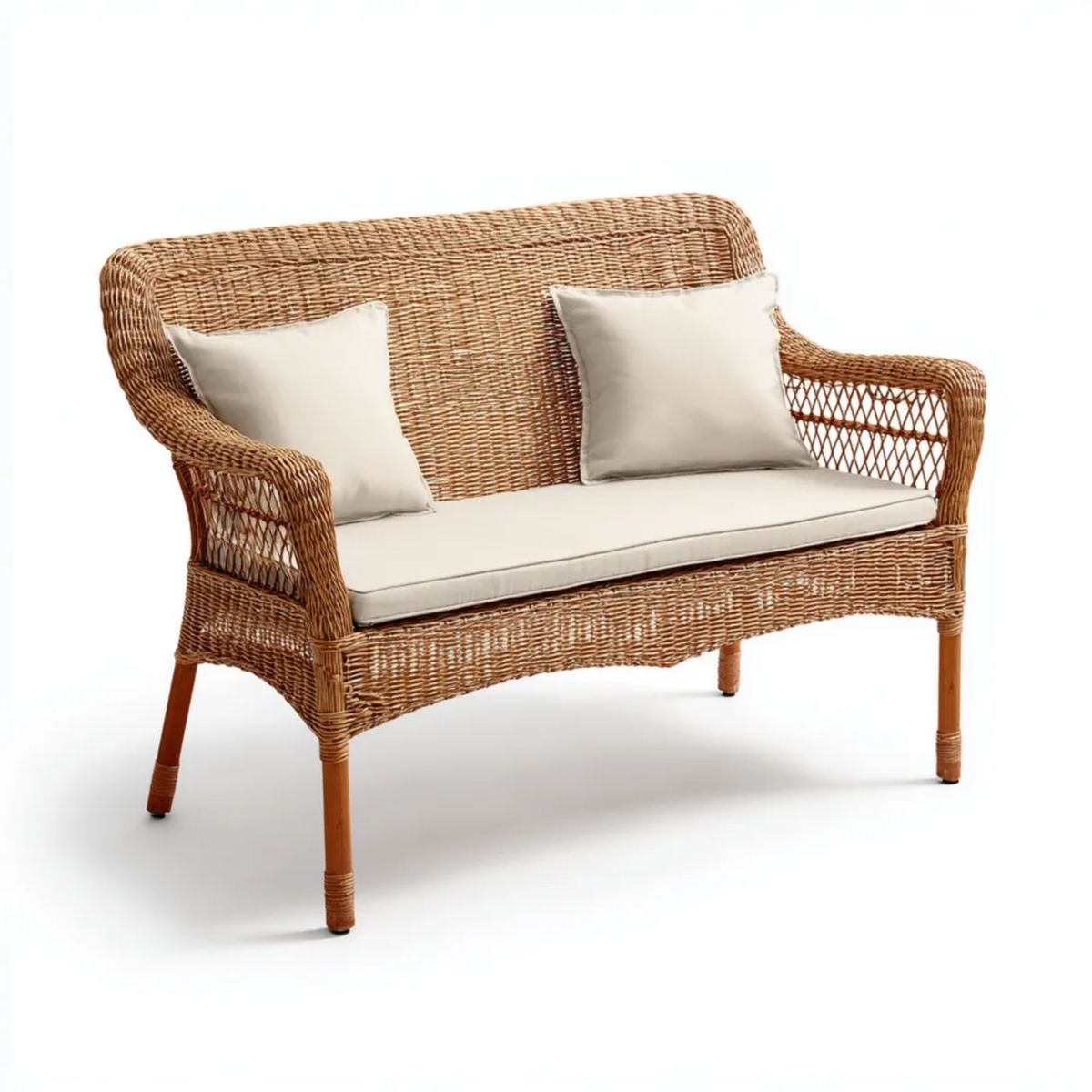 Dwuosobowa sofa ogrodowa z naturalnego rattanu z beżowymi poduszkami, 120 x 65 x 85 cm