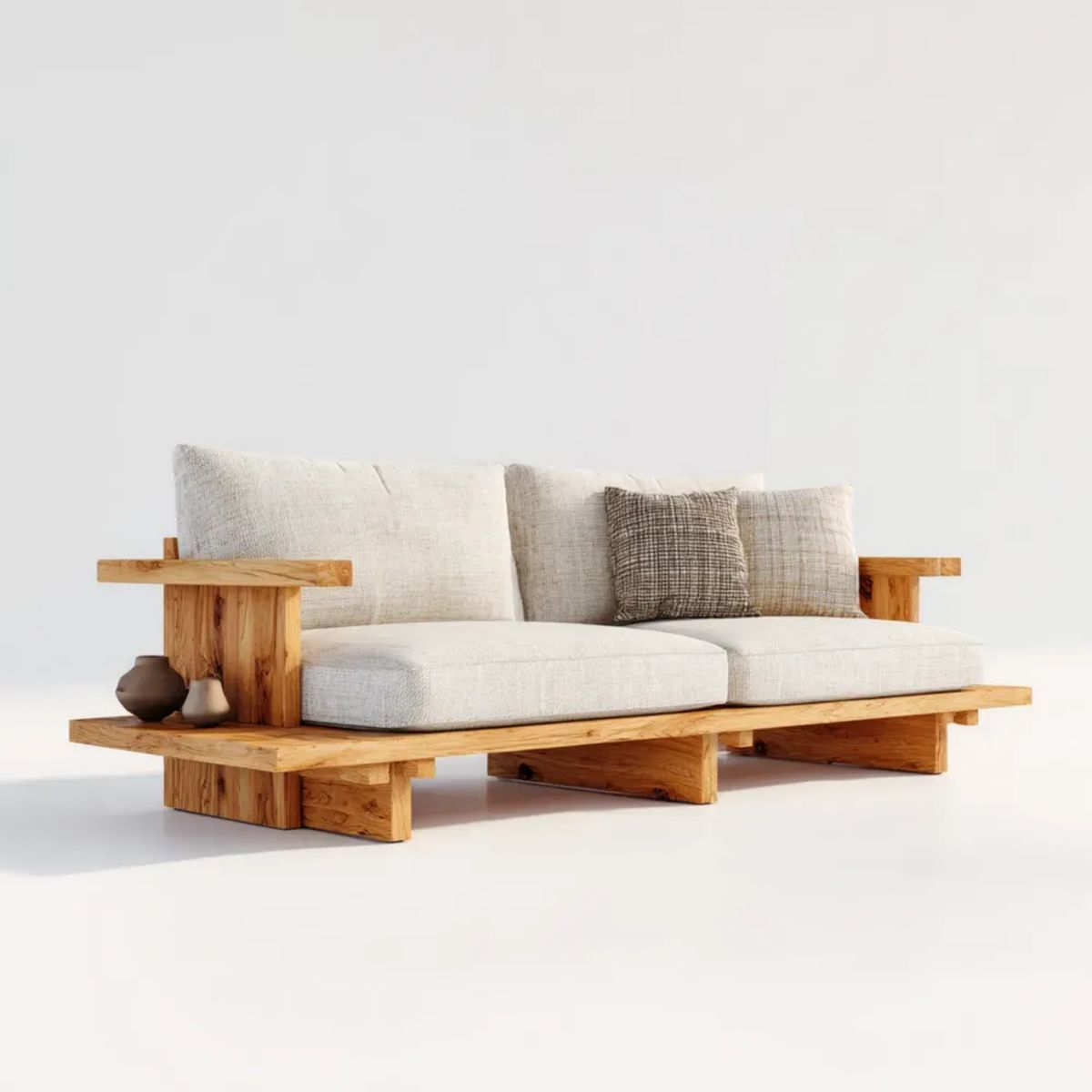2-osobowa sofa kremowa z litego drewna sosnowego i tkaniny poliestrowej, 220 × 85 × 75 cm