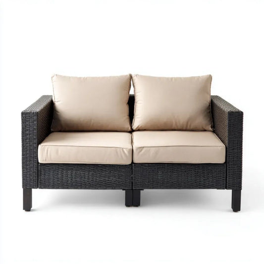 Dwuosobowa sofa ogrodowa z technorattanu czarna z beżowymi poduszkami 124 x 66 x 65 cm
