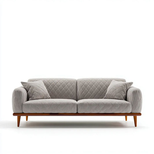 Dwuosobowa sofa pikowana z poliestru, jasnoszara z drewnianymi nogami, 180 x 85 x 82 cm