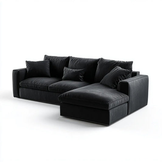 Czarna sofa narożna z aksamitu 280 × 180 × 85 cm w kształcie L, prawostronny szezlong
