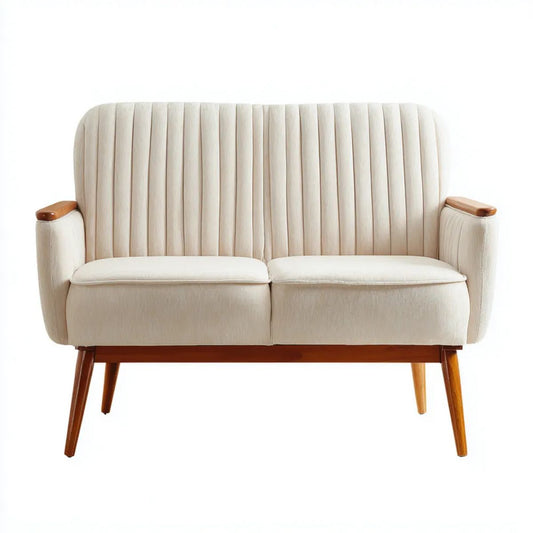 Kremowa sofa dwuosobowa z tapicerką poliestrową i drewnianymi nogami, 130 × 78 × 88 cm