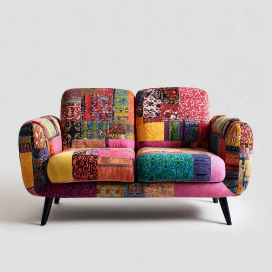 Dwuosobowa sofa patchworkowa z tapicerką poliestrową, wielokolorowa, 145 × 82 × 92 cm