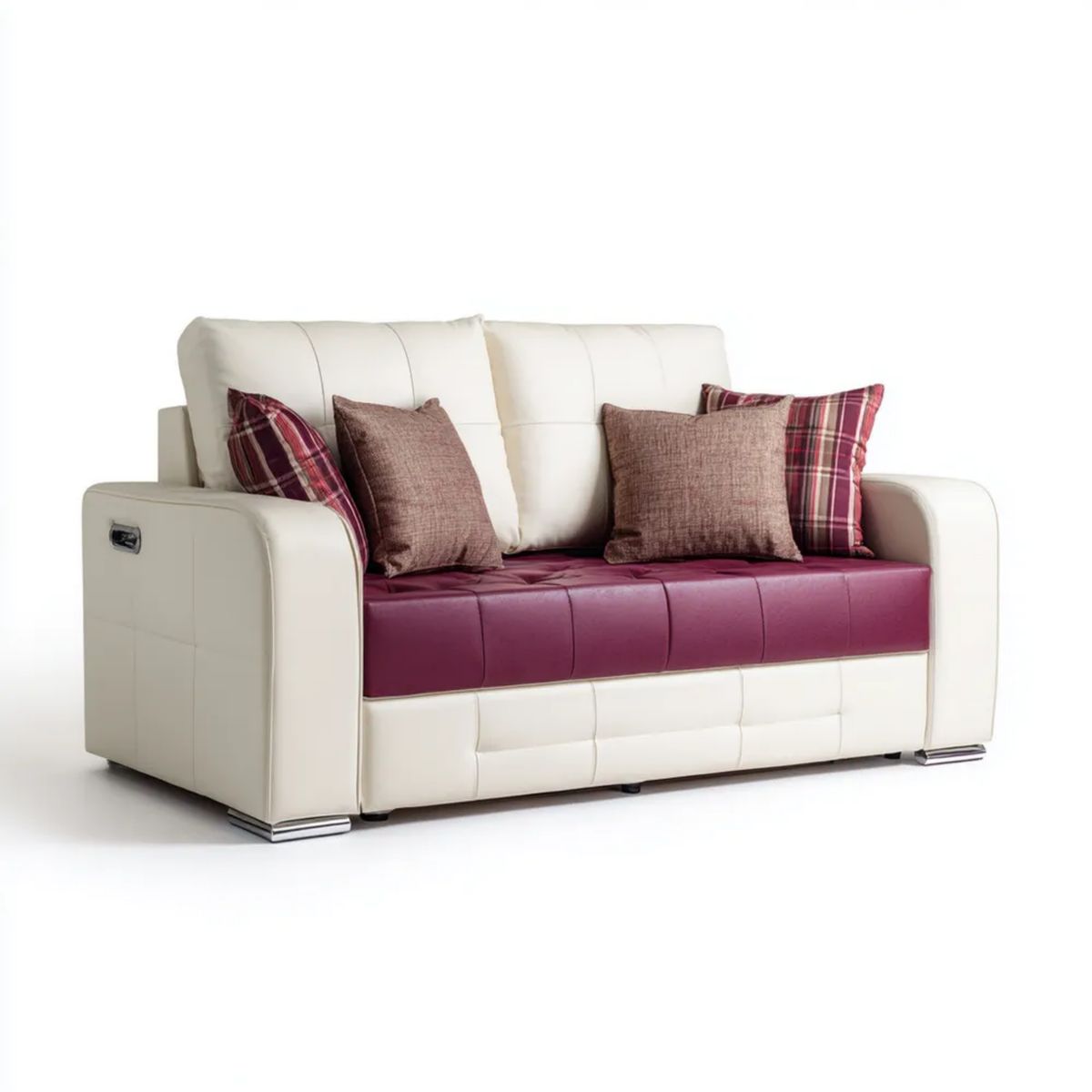 Dwuosobowa sofa z ręczną regulacją oparcia, tapicerką PU, kremowo-bordowa, 170 x 90 x 100 cm