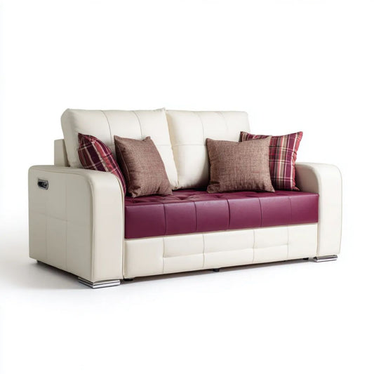 Dwuosobowa sofa z ręczną regulacją oparcia, tapicerką PU, kremowo-bordowa, 170 x 90 x 100 cm