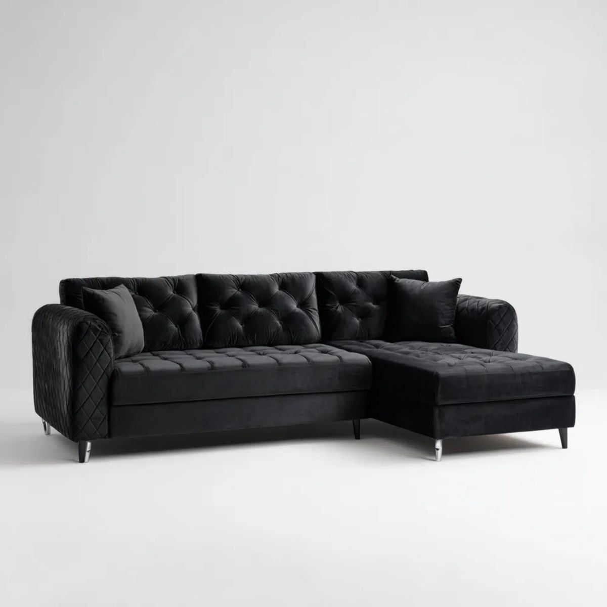 Czarna sofa narożna Chesterfield w kształcie L z tapicerką poliestrową, prawostronna, 245 × 160 × 85 cm