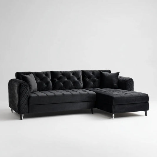 Czarna sofa narożna Chesterfield w kształcie L z tapicerką poliestrową, prawostronna, 245 × 160 × 85 cm