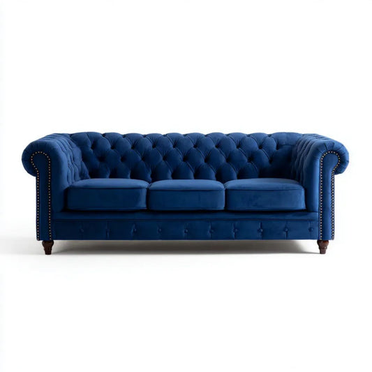 Trzyosobowa sofa Chesterfield z aksamitu, granatowa, 220 × 90 × 78 cm