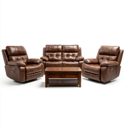 Brązowy zestaw wypoczynkowy 3+1+1 ze skóry PU z ławą – sofa 200 × 95 × 102 cm